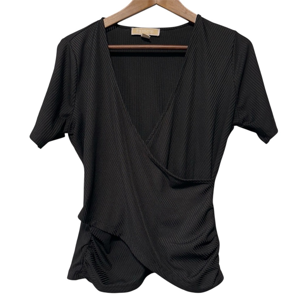 MICHAEL KORS Black Ribbed Wrap Blouse Office Chic Minimalist Top M
